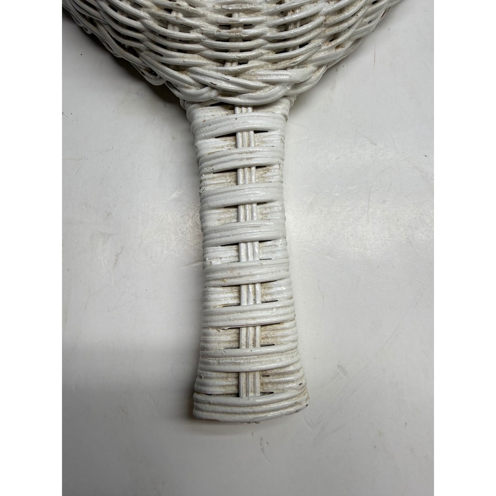 Vintage White Wicker Hand Mirror Woven Rattan Paddle Vanity Mirror Cottagecore - Picture 5 of 10